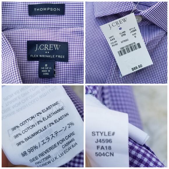 Purple Gingham Dress Shirt Wrinkle Free J Crew Factory Thompson Size S Stretch - Picture 4 of 9